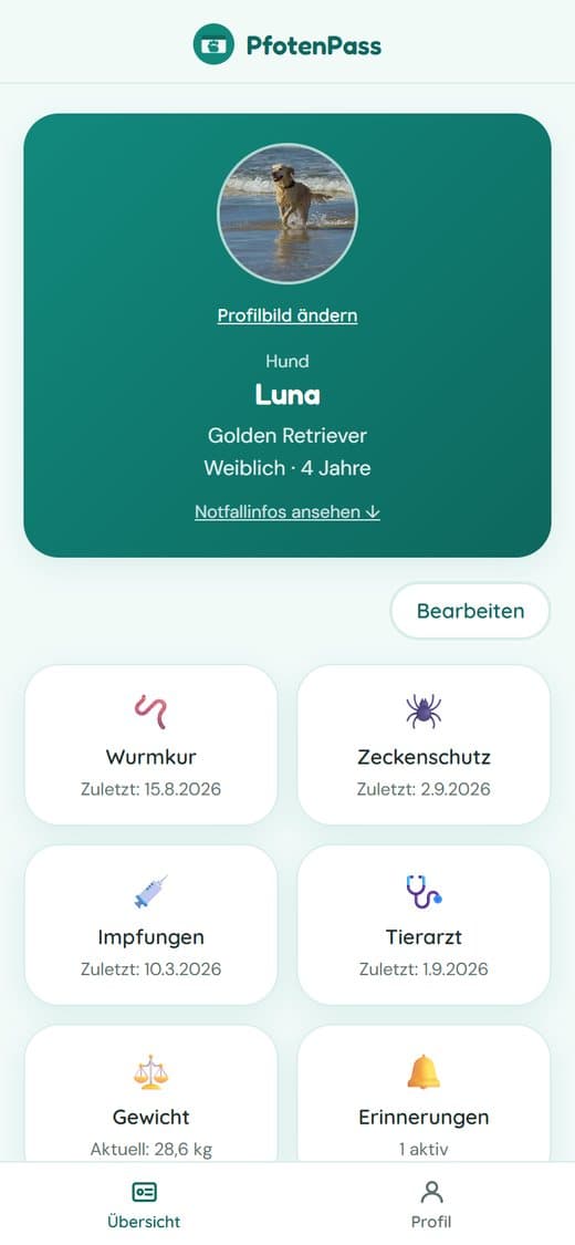 Tierprofil in PfotenPass mit Foto, Name und Rasse