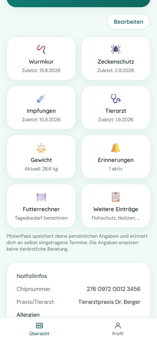 Themen-Kacheln für Wurmkur, Impfungen, Gewicht und mehr